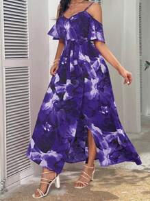 SHEIN VCAY Rochie lungă cu bretele spaghetti, cu umeri rece, cu imprimeu floral de vacanță