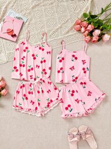 SHEIN Conjunto de pijama para verano de niña adolescente con camisola estampada de cerezas y pantalones cortos con volantes - Rosa - Ver 1