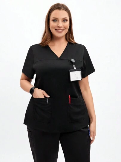 TaskEZ Plusstorlekar Dam Sommar Blå Sjuksköterskeuniform Joggingkläder Micro Stretch Topp Flerfickssjuksköterska Kosmetolog Arbetskläder Skrubb Dam Skrubb Niahinn Skrubb Dam Sjuksköterskeuniform Topp Arbete Kortärmad V-ringad 2-ficksdesign Svart Topp