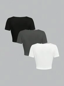 SHEIN Girlism Tween Girl Casual Square Neck Short Sleeve Simple Solid Color Comfortable 3pcs T-Shirt Set - Multicolor - View 2