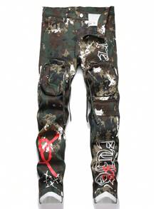 Men's Camo Print Multi-Pocket Skinny Jeans, Emo Style - Army Green - View 1