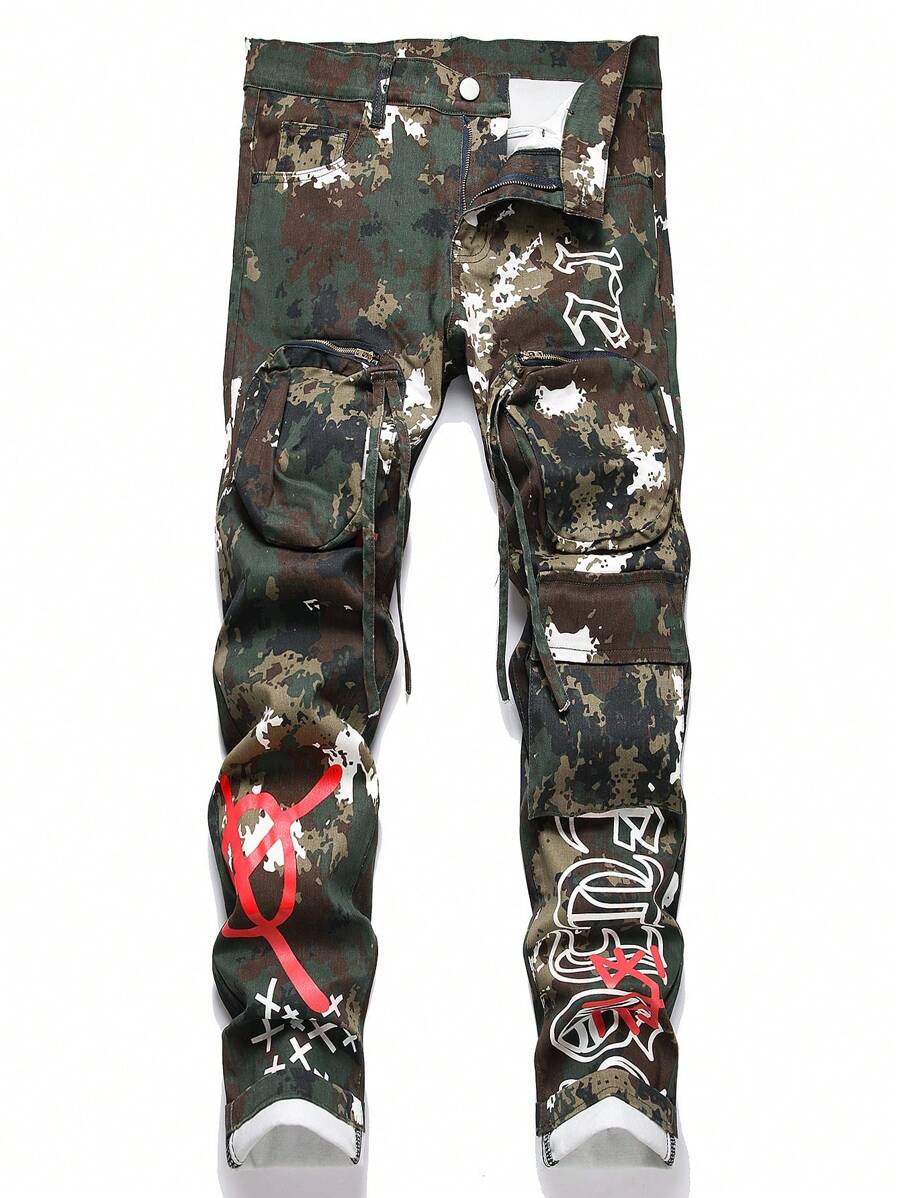Men's Camo Print Multi-Pocket Skinny Jeans, Emo Style - Army Green - View 1