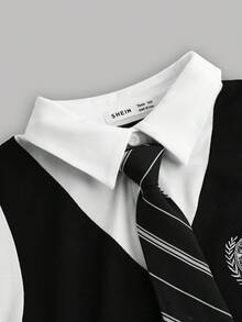 SHEIN Teen Girls Black And White 2 In 1 College Style Embroidery Tie Knit Back-To-School Season Casual Dress - Black and White - View 5