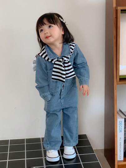 SHEIN Genkimix Kids 女婴两件套 时尚休闲牛仔连体裤配条纹披肩 春秋冬季时尚套装