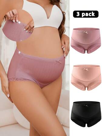 Moonlight & Mama 3 件孕妇纯色撞色蕾丝蝴蝶结装饰内衣内裤套装，内衣