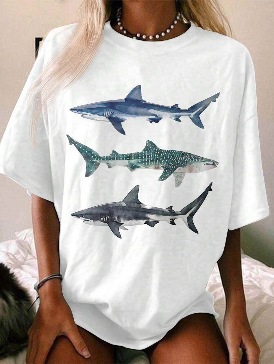 SHEIN EZwear Oversized Casual Minimalist Fish Graphic Round Neck Short Sleeve T-Shirt For Women, Loose Fit Summer Tee - White - View 1