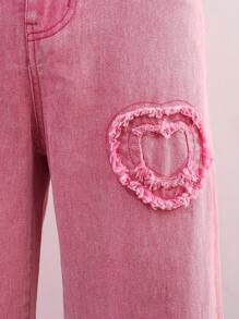 TEEN GIRL Y2K STREET Pink Heart Patch Detail Elastic Waist Straight Jeans - Hot Pink - View 4
