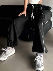 DAZY Women's Casual Color Block Drawstring Waist And Cuffed Hem Jogger Pants Fall,Winter Sweatpants - Black - View 5