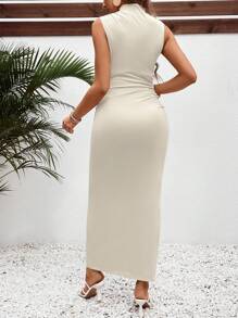 SHEIN 孕婦日常休閒立領修身長拍照裙 - 杏色 - 查看 2