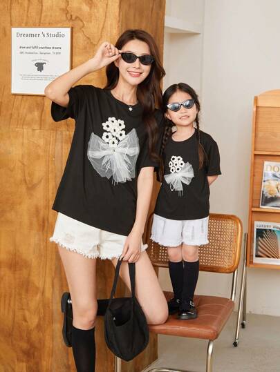 SHEIN Young Girls' Summer Casual 3D Floral Mesh T-Shirt With Bow Decoration