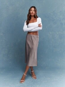 MISSGUIDED Satin Logo Low Rise Midi Skirt - Champagne - View 2