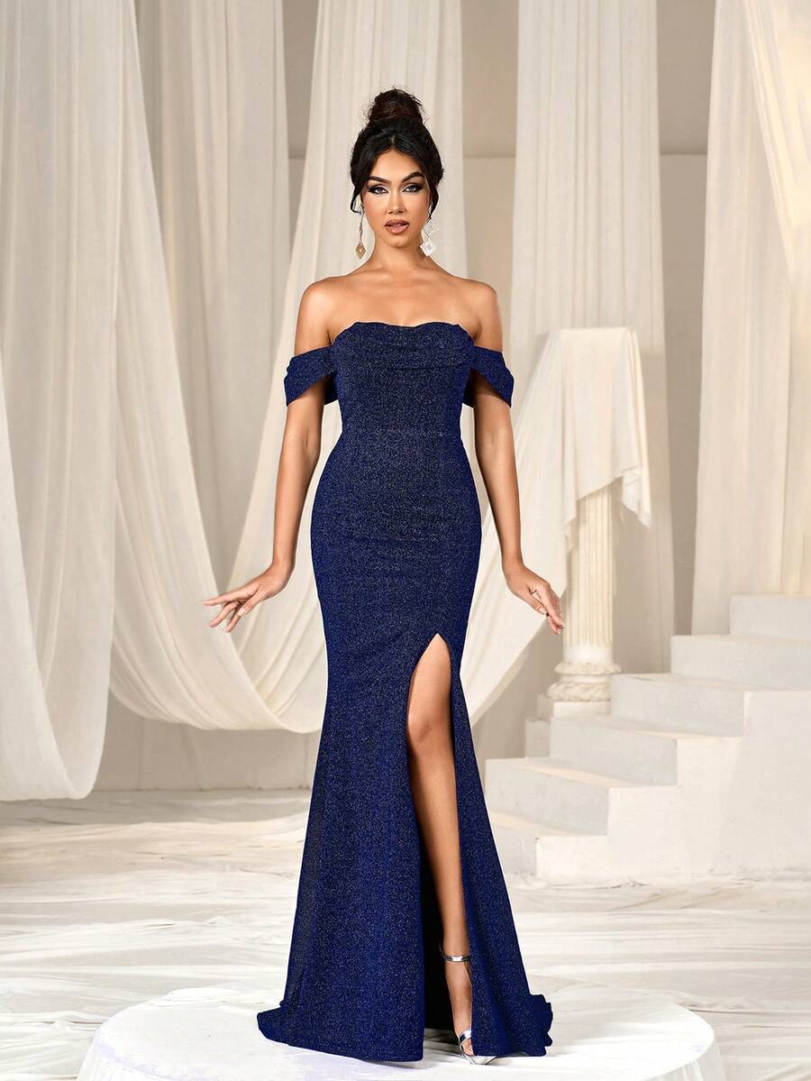 Faeriesty Shiny Off-Shoulder High-Slit Mermaid Hem Formal Party Dress - Navy Blue - View 1