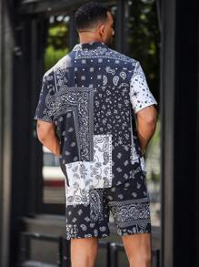 Manfinity LEGND Men's Single-Breasted Printed Short Sleeve Shirt And Shorts Set