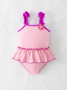 嬰幼女色塊花邊連體泳衣 - 粉色 - 查看 3