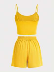 LOONEY TUNES X SHEIN 女士可爱卡通崔弟印花短款吊带背心和短裤黄色睡衣套装，夏季 - 黃色 - 查看 7