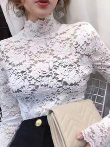 Spring/Summer Slim Fit High Neck Sexy Lace Top With Stretch