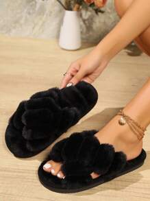 Fall/Winter Women Fur Crisscross Slippers, Open Toe Indoor Non-Slip House Slippers, Fashionable 3D High-End Women Slippers,Fluffy Slippers - Black - View 6