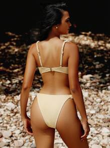 SHEIN Swim 女士夏季沙灘純色褶皺性感比基尼套裝，採用特殊面料 - 米色 - 查看 8