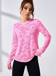 SHEIN Sport Studio Damen T-Shirt mit Tarnmuster und kreuzförmigem Rückenausschnitt und Langarm für Fitness Workout