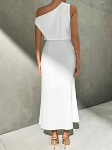 SHEIN Privé 女士白色不对称露肩无袖竹节亚麻连衣裙，优雅适合度假和日常穿着 - 白色 - 查看 2