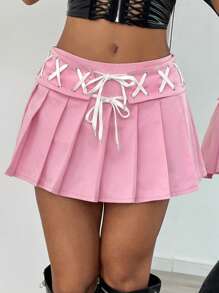 SHEIN Unity Women's Eyelet Pleats Short Y2K Skirt - Pink - View 6