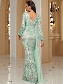 Women's Elegant Long Sleeve Prom Dress With Sparkling Decorations, Formal Evening Wedding Guest Gown, For Graduation, Dinner - Green - View 2