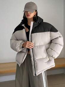 DAZY Áo khoác nữ dài tay đơn giản phối màu, có đệm, mặc hàng ngày, quần áo mùa đông cho nữ, áo khoác mùa đông cho nữ - Nhiều màu - Xem 4