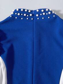 Tween Girl Beaded Pleated Spliced A-Line Puffed Sleeve Dress - Blue and White - View 4