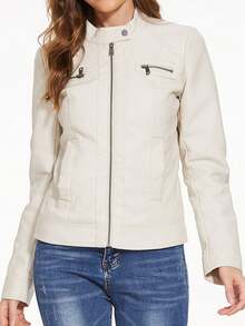 Jaqueta de Manga Longa com Zíper e Gola Sólida para Mulheres