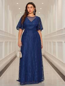 Vestido de noche extra largo de talla grande en unicolor con malla y encaje contrastante - Azul Marino - Ver 4