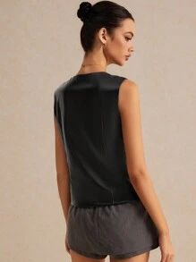 SHEIN Frenchy Women's Black PU Faux Leather Asymmetric Cropped Vest Blazer, Black PU Blazer, Black Vest, Leather Vest, Fall/Winter Clothing, Old Money, Casual Easy Fashion Essentials, Bridgerton Style Elegant - Black - View 6