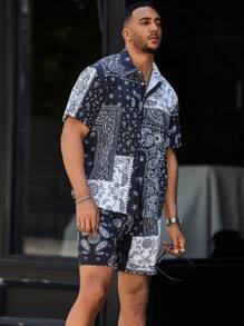 Manfinity LEGND Men's Single-Breasted Printed Short Sleeve Shirt And Shorts Set