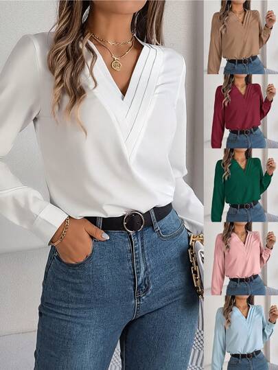 Camisa de manga larga de unicolor elegante con cuello en V triple para primavera/verano, tops de manga larga