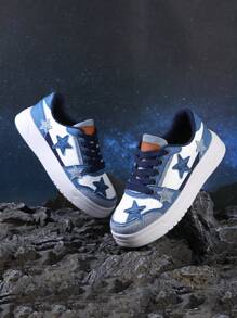 BALTEOP 秋冬女款黑白星星图案透气滑板鞋，轻便舒适，女式运动鞋 - 藍白色 - 查看 8