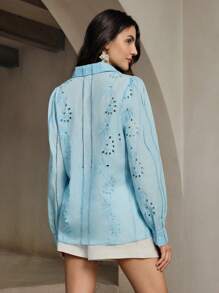 Anewsta Lapel Long Sleeve Hollow Embroidery Casual Shirt - Mint Blue - View 2