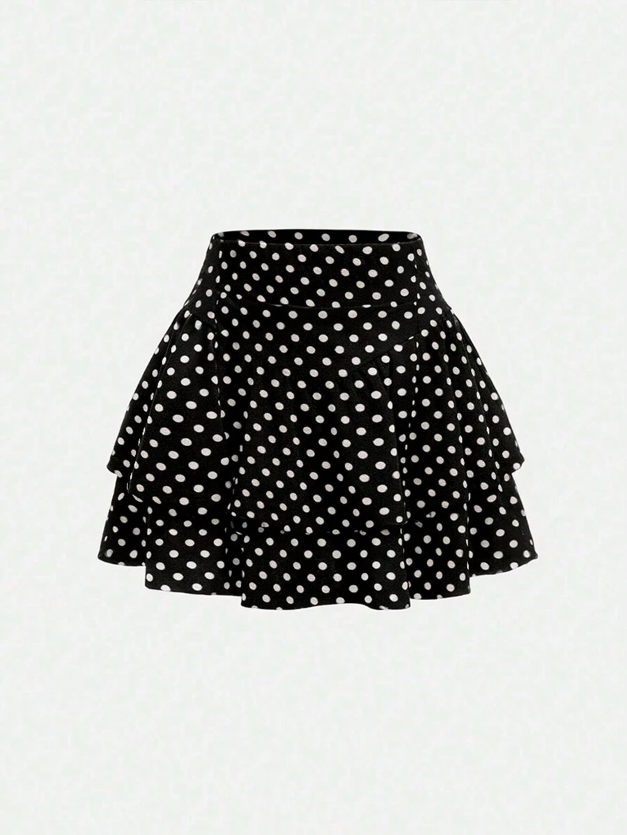 SHEIN EZwear 加大碼波點迷你蛋糕半身裙 - 黑與白 - 查看 1