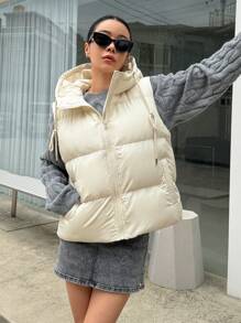 DAZY Women's Basic Solid Color Sleeveless Padded Coat For Daily Wear, Padded Vest, Women Winter Coat