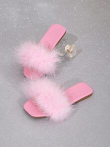 Girls' Pink Flat Slides Sandals With Faux Feather Decorations - Pink - View 2
