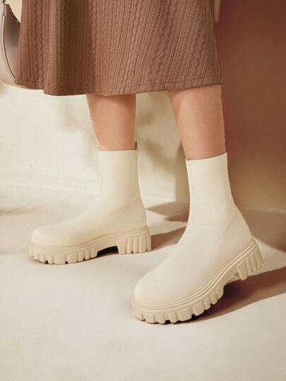 CUCCOO BASICS Damskor Minimalistisk Beige Stickad Plattform Strumpskor Semesterskor Sommarrea Höst till jul och nyår semester