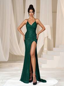 Faeriesty Ruched Front Slit Mermaid Sequin Cami Party Dress - Dark Green - View 5