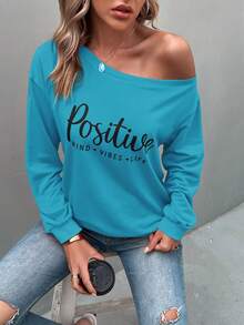 SHEIN LUNE Women's Simple Printed Daily Long Hoodie - Blue - View 6