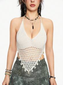 ROMWE Fairycore Asymmetrisch geschnittenes Trägershirt mit rückenfreiem Ausschnitt und Muschel-Dekor, Urlaubsstil