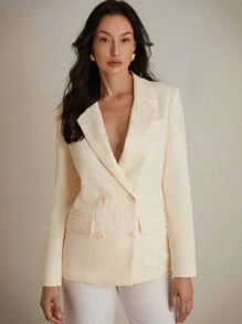 Aveloria Modichic Minimalist Texture Double-Breasted Commuter Blazer, Versatile Long Sleeve Suit Jacket - White - View 3