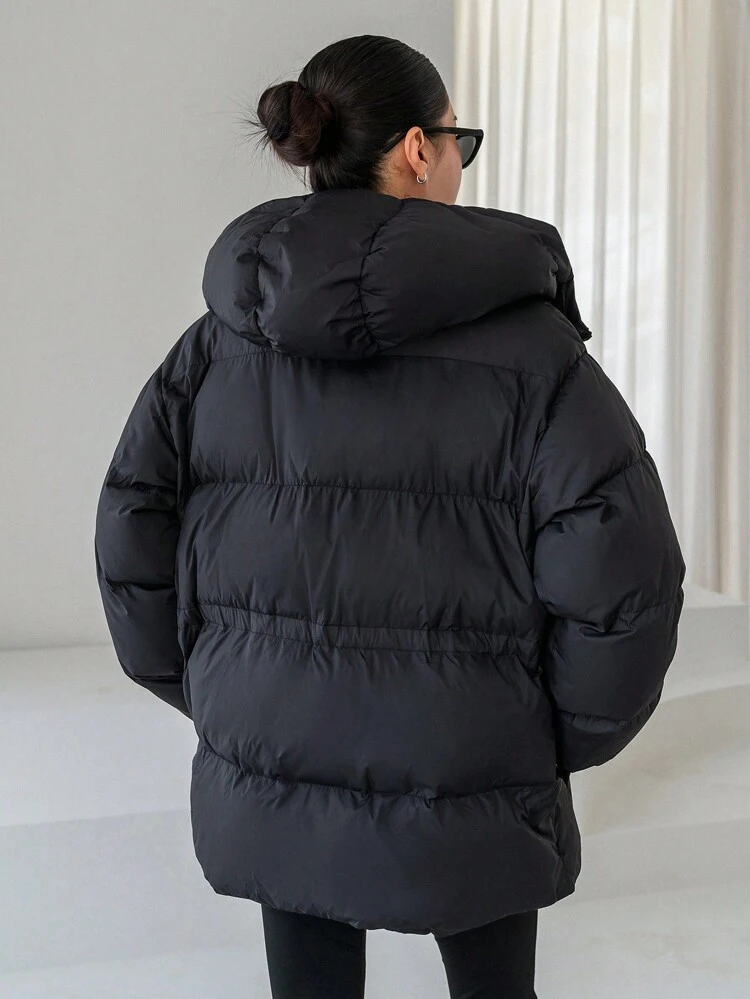 Women's Hooded Cinched Waist Loose Fit Long Sleeve Padded Coat, Winter Women Clothes, Padded Coat Women Jacket