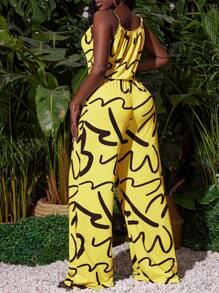 Slaydiva 全身字母印花女士跳躍裝，休閒吊帶腰寬腿褲-C