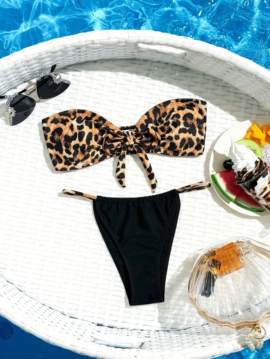 SHEIN Swim Women's Leopard Print Bandeau Bikini Set With Swimwear Bottom, Random Pattern, Suitable For Summer, Beach, Pool - Multicolor - View 1