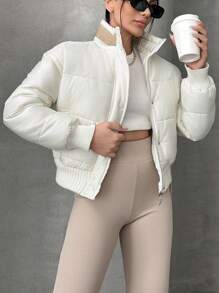 EURMUSE Solid Zip Up Special Design Puffer Coat - Beige - View 4