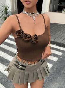 SHEIN ICON 女款夏季修身短版吊帶上衣,搭配 3d 花卉裝飾 - 巧克力棕 - 查看 3