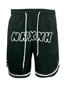 Manfinity Campus Court Men's Drawstring Waist Letter Print Fashionable Casual Shorts - Dark Green - View 3