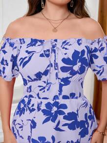 SHEIN Privé Plus Size Elegant Off-Shoulder Short Sleeve Midi/Long Dress With Random Print - Multicolor - View 4